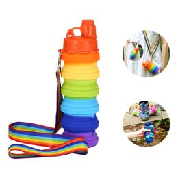 Rainbow Silicone Folding Water Bottle Outdoor Portable Camouflage Telescopic Cup Sports Kettle Mountaineering Camping Equipment With Lanyard