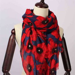 2021 Women Scarf Vintage Poppy Floral Viscose Scarves New Design Shawls and Wraps Lady Fringe Pashmina Muffler Hijab Foulard Cap Y1108