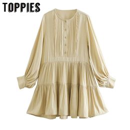 Toppies New Beige Long Sleeve Dress Women O neck Lace Dresses Sweet Vestidos 210412