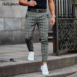 Mens Pants Casual Trousers Skinny Stretch Chinos Slim Fit Pant Plaid Check Male 210715