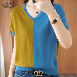 Pullover Ladies Tops Summer Cotton Thin Knitted Short Sleeve Blouse Korean Casual Loose V-neck Shirts For Women 9437 50 210415