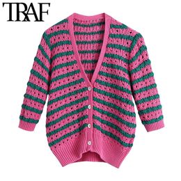 TRAF Women Fashion Striped Cropped Knitted Cardigan Sweater Vintage V Neck Short Sleeve Female Outerwear Chic Tops 210415