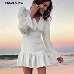 Spring Deep V neck Ruffles White Long sleeve Dress Women Cuff Back Zipper Mini Short Holiday Dresses 210429