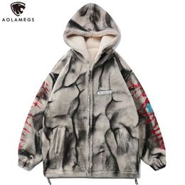 Aolamegs Gothic Punk Graffiti Thicken Zipper Coat Winter Jacket Men Loose Cozy High Street Style Fleece Hoodie Streetwear 211214