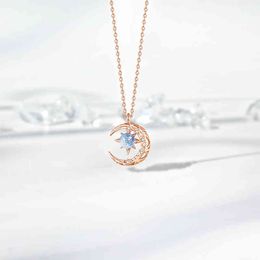 2021 New Blue Starry Sky Galaxy Octagonal Star Necklace Female Dream Falling Star Moon Hollowed Out Crescent Diamond Clavicle Chain