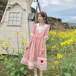 Japanese Preppy Style Summer Women Midi Dress Sailor Collar Pink Sweet With Lace Short Sleeve Elegant Lolita Party es 210520