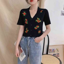 Women's Short cardigans Ruffles Knit Flower embroidery V-neck short Sleeve Woman Thin Female Tops LS398 210506