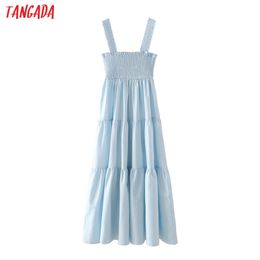 Women Solid Cotton Blue Long Dress Strap Sleeveless Summer Fashion Lady Beach Sundress 5X15 210416