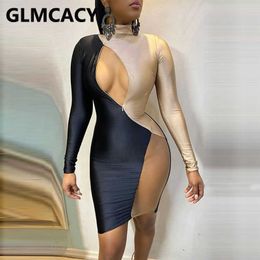 Women Mesh Insert Cutout Front Dress Slinky Bodycon Evening Party Club Dresses 210702