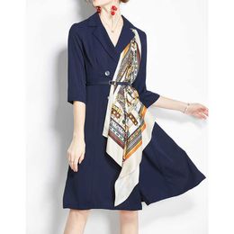 PERHAPS U Women Vintage Navy Printing Silk Scarf Slim Long-Sleeve Double Breasted Lace Up Knee-Length Dress OL Dress D3036 210529