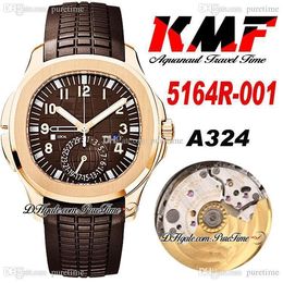 KMF Travel Time 5164R GMT PP324CS A3234 Automatic Mens Watch Rose Gold Brown Textured Dial Stick Number Markers Rubber Strap Watches Super Edition Puretime C3
