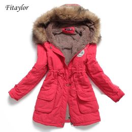Fitaylor Winter Women Jacket Medium-long Thicken Outwear Hooded Wadded Coat Slim Parka Cotton-padded Overcoat 211018