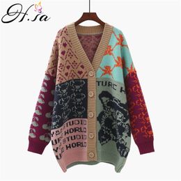 Women Oversized Sweater Cardigans Vintage Letters Printed Patchwork Knit Jackets Thick Fleeced Long Coat 210430