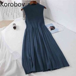 Korobov Vintage Half Turtleneck Sleeveless Women Dress Korean Spring New Arrival Solid Knitted Dresses High Waist Vestidos 210430