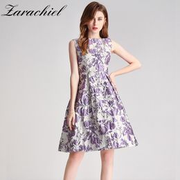 Arrival Summer Flower Jacquard Dresses Vintage Women's Sleeveless O-Neck Slim High Waist Ball Gown Dress Tank vestidos 210416