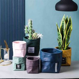 Kraft Paper Bag Shape Ceramic Flower & Plant Pot Nordic Industrial Style Colourful Succulent Planter With Hole 210922