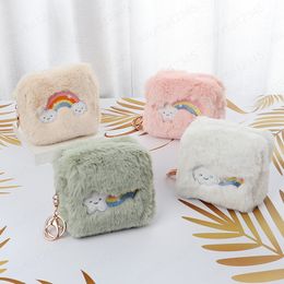 Rabbit Fur Women's Coin Purse Sanitary Towels Bag Rainbow Zipper Soft Plush Children Key Wallet Keychain