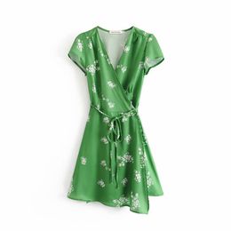Vintage Chic Wheat Print Green Bow Sashes Lace-Up Chiffon Dress Elegant Cross V-Neck Asymmetrical Dresses Casual Ladies Vestidos 210520