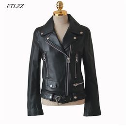 FTLZZ Autumn Women Pu Leather Jacket Woman Zipper Belt Short Coat Female Faux Leather Black Motorcycle Outwear Biker Jacket 211007