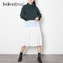 Hit Color Pleated Dress For Women Lapel Long Sleeve Patchwork Elegant Shirt Dresses Female Fashion Spring 210520