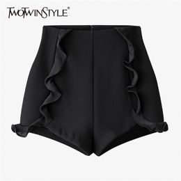 Minimalist Patchwork Ruffle Shorts For Women High Waist Black Korean Trousers Female Summer Fashion Clothing 210521