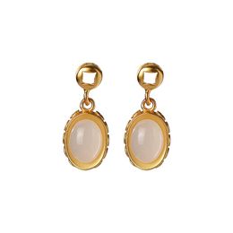 Stud 925 Sterling Silver Gold Plated Hetian White Jade Earrings Retro Personalized Coin Ingot Earring Pendant For Ladies