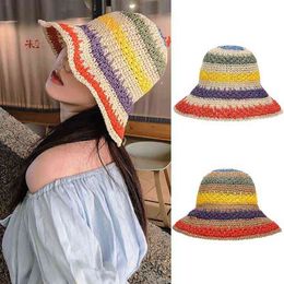 Women Summer Handmade Crochet Straw Sun Hat Rainbow Colourful Stripes Patchwork Wide Brim Sunscreen Vacation Beach Cap G220301