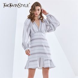 Striped Dress For Women V Neck Lantern Long Sleeve High Waist Hit Color Vintage Mini Dresses Female Autumn 210520