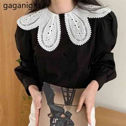 Chic Vintage Crochet Lady Shirt Puff Sleeve Single Breasted Loose Blouses Korean Fashion Spring Autumn Women Shirts 210601