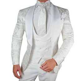 -Weiße Blumenhochzeit Smoking für Bräutigam 3 Stück Slim Fit Männer Anzüge mit Satinschal Revers Custom Männliche Mode Kostüm Jacke Weste 211231