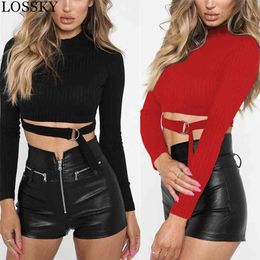 Sexy Autumn Winter Knitted Women T Shirts Long Sleeve Belt Buckle Navel Crop Top Korean Club Black Short T-shirt Basic Shirt Red 210507