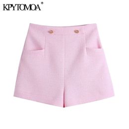 KPYTOMOA Women Fashion With Metal Buttons Tweed Bermuda Shorts Vintage High Waist Back Zipper Female Short Pants Mujer 210724