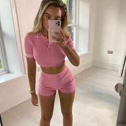 fitness tracksuit women two piece outfits button elastic hight crop top biker shorts set casual summer skinny streetwear X0428