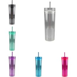 6 Colors 22oz Clear Acrylic Skinny Tumblers with Lid Straw in Same Color Double Wall Plastic Transparent Water Bottle Custom Reusable Office Coffee Mugs Drinking Cup