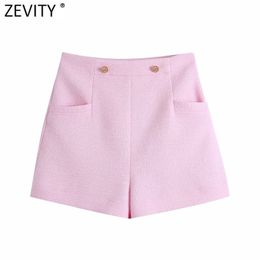Women Fashion Button Decoration Pink Tweed Woolen Shorts Femme Streetwear Chic Side Zipper Pantalone Cortos P1019 210420