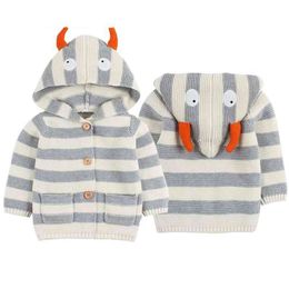Sweater Coat Autumn Toddler Boys Sweaters Hooded Cartoon Stripes Winter Cardigan Knitted Baby Girls Jacket 210417