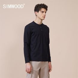 SIMWOOD Spring New 100% Cotton Long Sleeve Henley T-Shirt Comfortable Slim Fit Tshirt High Quality Basic Tops SJ131088 210410