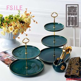 Nordic peacock green two-layer plate three-layer ceramic fruit living room display western restaurant cake 211112