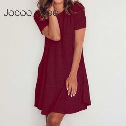 Jocoo Jolee Women Short Sleeve O Neck Cotton Shirt Dress Causal Solid Loose Mini Dress with Pockets Summer Sundress vestido 210619