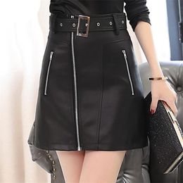 High Waist Autumn Winter Mini Short Skirts Black Double Zipper A-line PU Leather Skirt 210621