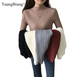 Half turtleneck pullovers elastic Slim Ladies sweater Women Ribbed Elastic Stretched Jumpers Autumn Winter Basic Khaki knit Tops 210805