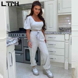 Autumn arrival ins sexy Square Collar Puff Sleeve Short tops High waist Bow Casual trousers Sports two piece set women 210427