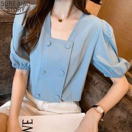 Double Breasted Blouses Women Blusas Mujer De Moda Summer Square Collar Shirts Casual Tops Korean Puff Sleeve Clothes 10086 210417