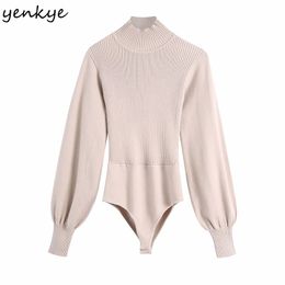 Sexy Backless Knit Bodysuit Women Vintage Solid Turtleneck Lantern Sleeve Slim Body Femme Fashion Tops Playsuit 210430