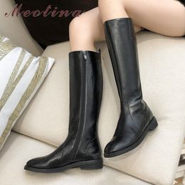 Autumn Knee High Boots Women Natural Genuine Leather Flat Riding Zipper Pointed Toe Shoes Lady Winter Size 34-39 210517