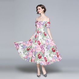 summer Fashion Designer flower Print Pleated Dress short Sleeve slash Collar Slim High Waist Vintage casual 210531