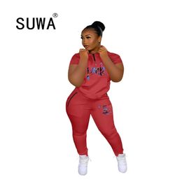 Loungewear Women Pink Clothing Two Piece Sets Fall Summer Short Sleeve Pullover Top Jogger Leggings Tracksuit Wholesale 210525