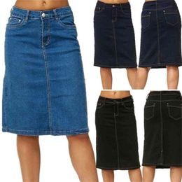 Denim Skirt Women Fashion Casaul Stretch Knee Length Washed Blue Skirts Plus Size Pockets Pure Colour Office Female 210619