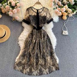 Women Fashion Retro Mesh Lace Perspective Round Neck Long Sleeve Slim A-line Dress Elegant Korean Vestidos R839 210527