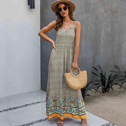 Summer Maxi Dress Women Vintage Floral Print Sling V Neck Sleeveless Bohemia Beach Dresses Backless Party Long Dress Robe Female 210507